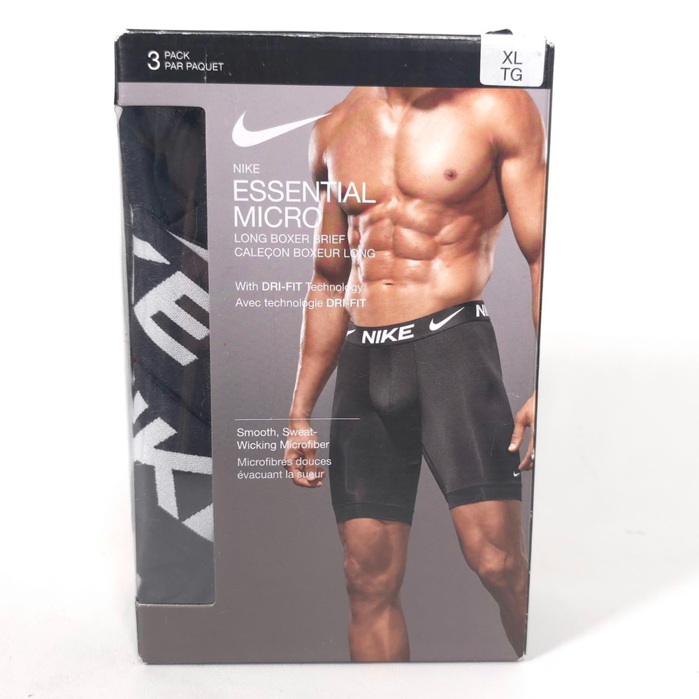 NIKE ESSENTIAL MICRO Mens New 3 Pack Long Boxer Brief XL Black Dri-Fit KE1026001